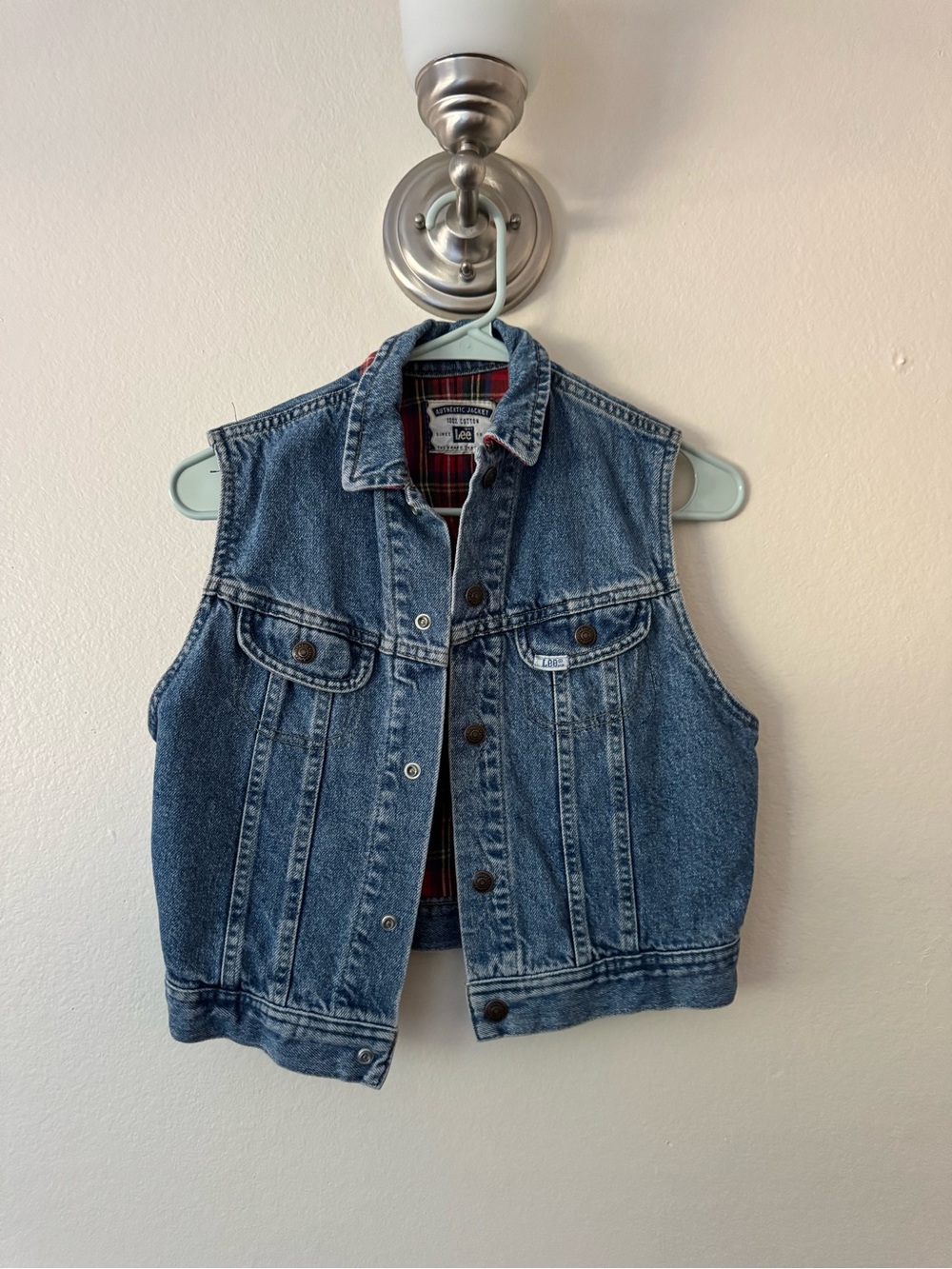 Lee Vintage Blue Cropped Denim Vest with Plaid Lining